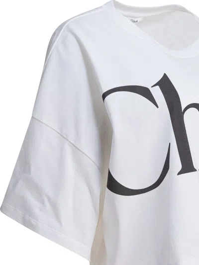 Chloé White Cropped T-shirt With Logo Lettering Print In Cotton Woman