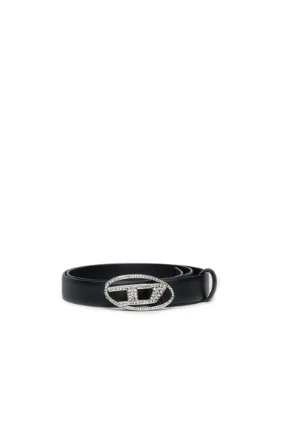 Diesel Cintura In Vera Pelle Oval D Con Strass In Black