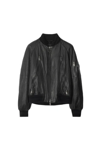 Burberry Leather Bomber Jacket In Black