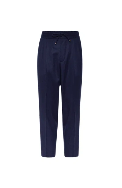 Brunello Cucinelli Virgin Wool Drawstring Leisure Trousers In Blue