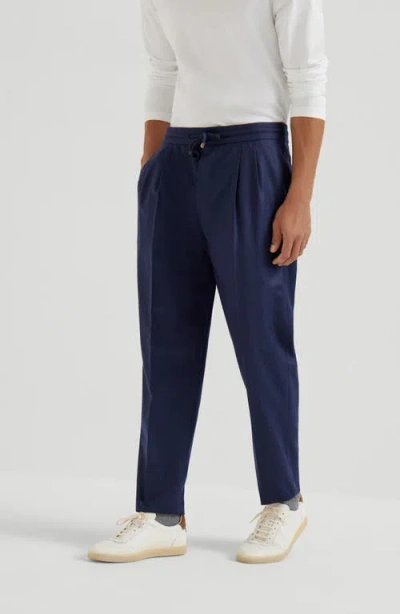 Brunello Cucinelli Virgin Wool Drawstring Leisure Trousers In Blue