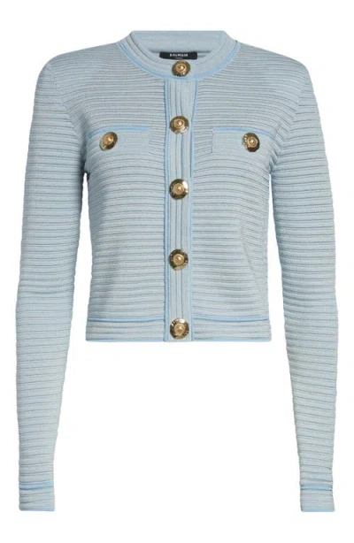 Balmain Long Sleeved Textured Knit Cardigan In Blue