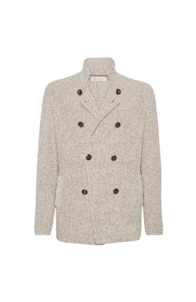 Brunello Cucinelli Shawl Collar Double-breasted Knit Cardigan In Gray