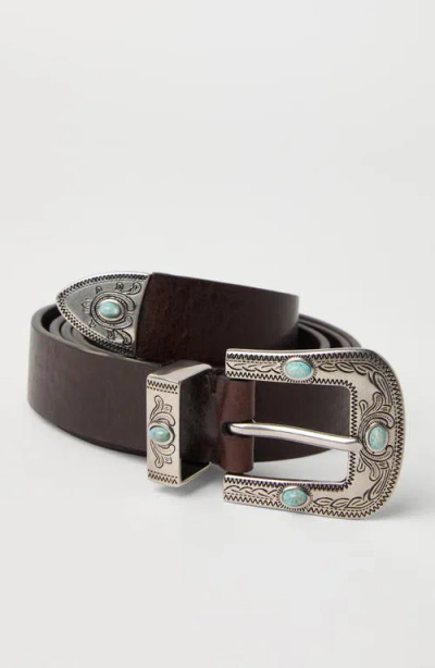 Brunello Cucinelli Leather Belt With Turquoise Stone Embellishments In Black