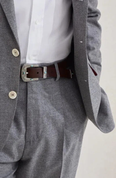 Brunello Cucinelli Leather Belt With Turquoise Stone Embellishments In Black