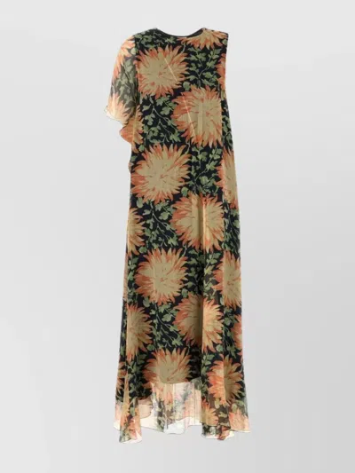 Loewe Silk Dress With Floral Pattern And Asymmetric Design In Multicolor