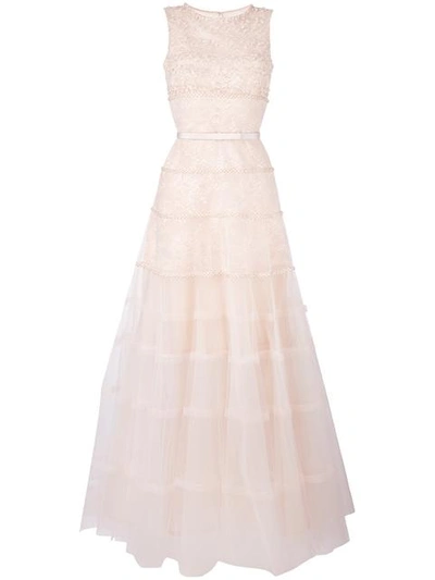 Oscar De La Renta Embellished Lace Gown In Neutrals