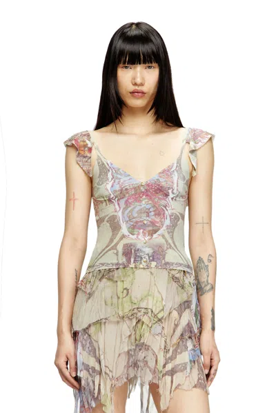 Diesel Ruffle-shoulder Knit Top With Medieval Print In Gray