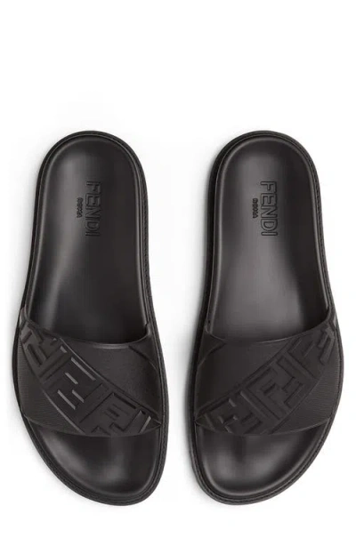Fendi Rubber Slides With High Strap And Embossed Ff Motif Shoes In Black