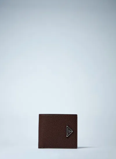 Prada Logo Bi-fold Leather Wallet In Brown