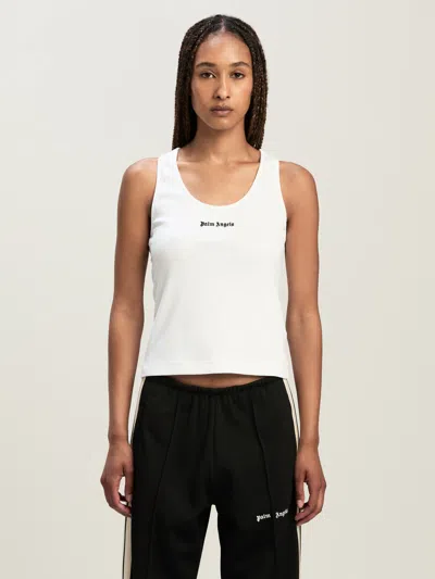 Palm Angels White Logo-embroidered Ribbed Tank Top In Neutral