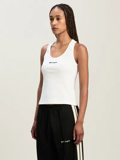 Palm Angels White Logo-embroidered Ribbed Tank Top In Neutral