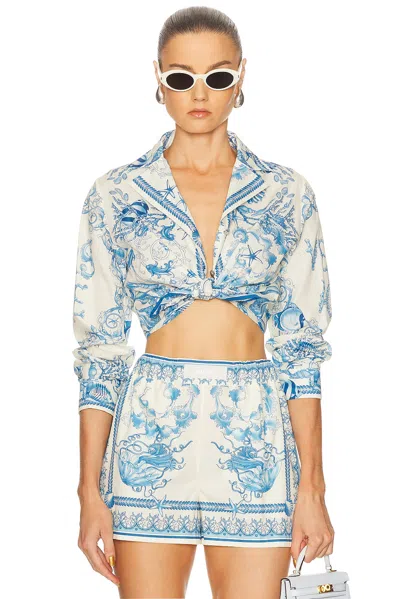 Versace Underwater Barocco Foulard Cotton Poplin Crop Shirt In Blue
