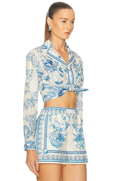 Versace Underwater Barocco Foulard Cotton Poplin Crop Shirt In Blue