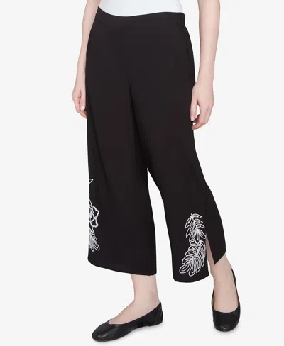 Ruby Rd. Petite Soft Tropical Fern Embroidered Capri Pants In Black