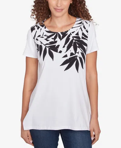 Ruby Rd. Petite Scoop Neck Palm Print T Shirt In White