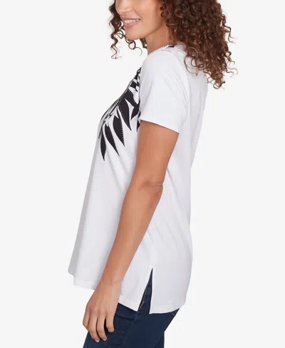 Ruby Rd. Petite Scoop Neck Palm Print T Shirt In White