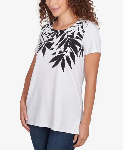 Ruby Rd. Petite Scoop Neck Palm Print T Shirt In White