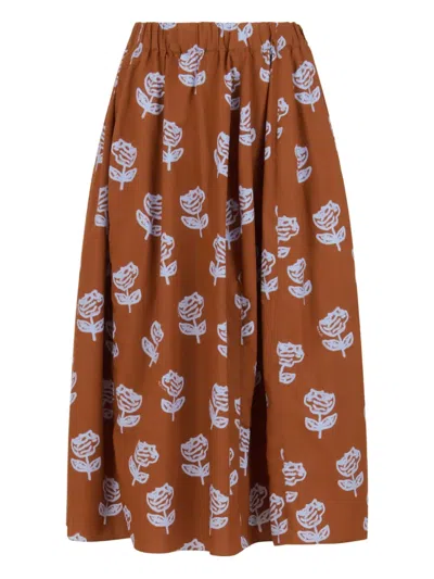 Marni Brown Poplin Egg Skirt With Sprayed Roses Print In Multi