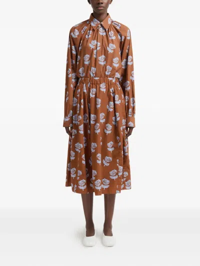 Marni Brown Poplin Egg Skirt With Sprayed Roses Print In Multi