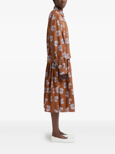 Marni Brown Poplin Egg Skirt With Sprayed Roses Print In Multi