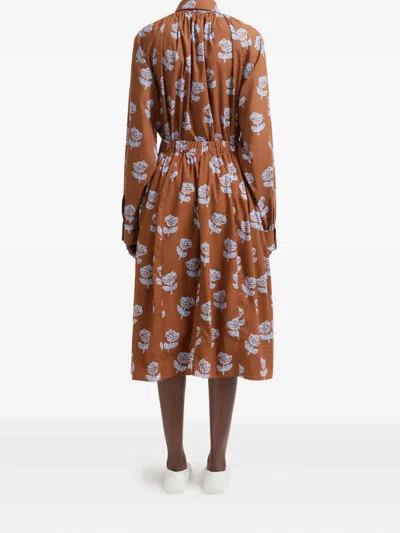 Marni Brown Poplin Egg Skirt With Sprayed Roses Print In Multi