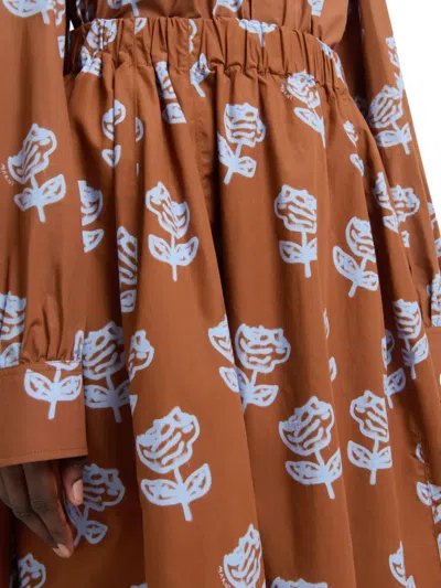 Marni Brown Poplin Egg Skirt With Sprayed Roses Print In Multi