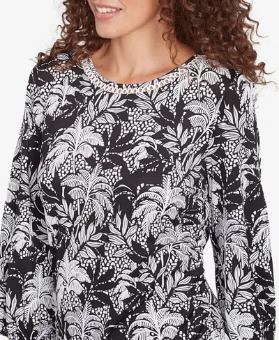 Ruby Rd. Petite Monotone Palms Puff Print Side Tie Top In Black