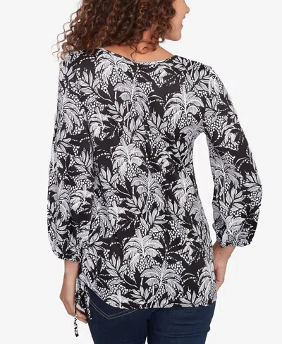 Ruby Rd. Petite Monotone Palms Puff Print Side Tie Top In Black