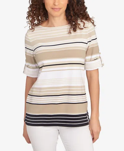 Ruby Rd. Petite Multi Stripe Roll Tab Sleeve T Shirt In Neutral