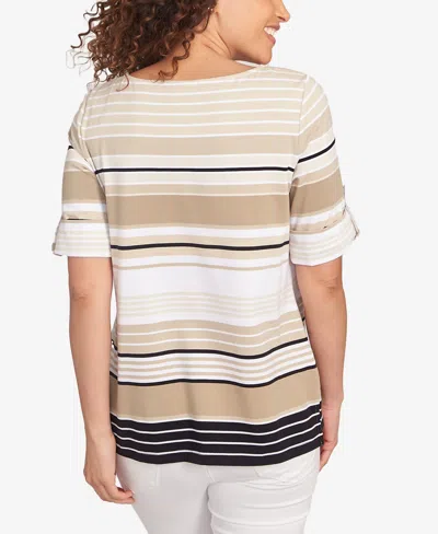 Ruby Rd. Petite Multi Stripe Roll Tab Sleeve T Shirt In Neutral