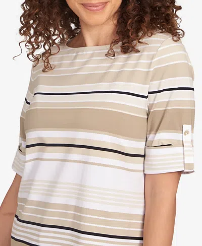 Ruby Rd. Petite Multi Stripe Roll Tab Sleeve T Shirt In Neutral