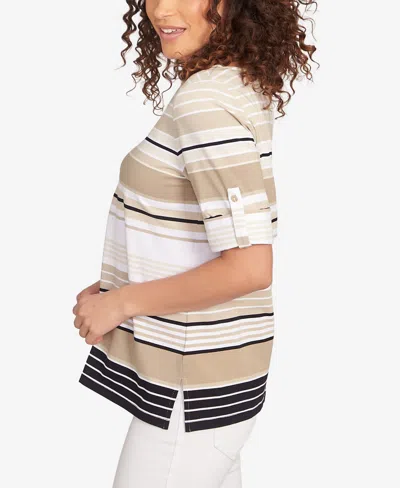 Ruby Rd. Petite Multi Stripe Roll Tab Sleeve T Shirt In Neutral