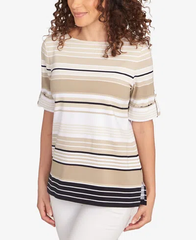Ruby Rd. Petite Multi Stripe Roll Tab Sleeve T Shirt In Neutral