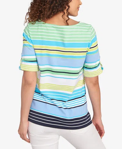Ruby Rd. Petite Multi Stripe Roll Tab Sleeve T Shirt In Blue