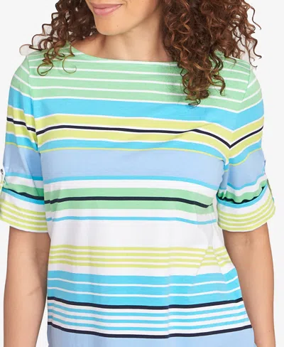 Ruby Rd. Petite Multi Stripe Roll Tab Sleeve T Shirt In Blue