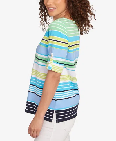 Ruby Rd. Petite Multi Stripe Roll Tab Sleeve T Shirt In Blue