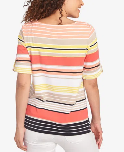 Ruby Rd. Petite Multi Stripe Roll Tab Sleeve T Shirt In Red