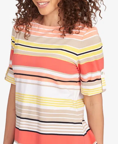 Ruby Rd. Petite Multi Stripe Roll Tab Sleeve T Shirt In Red
