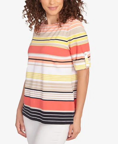 Ruby Rd. Petite Multi Stripe Roll Tab Sleeve T Shirt In Red