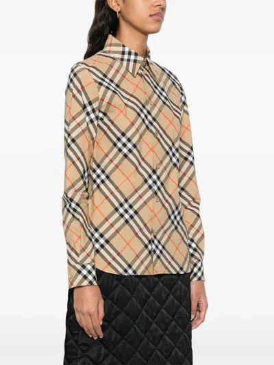 Burberry Cotton Shirt With Check Motif In Brown