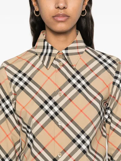 Burberry Cotton Shirt With Check Motif In Brown