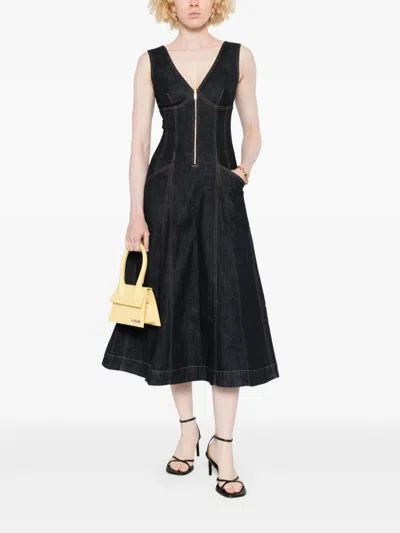 Self-portrait V-neck Denim Flared Midi Dress In Blue