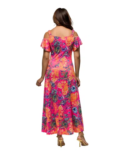 24seven Comfort Apparel Women's Pink Paisley Cold Sholder Ruffle Sleeve A Line Maxi Dress