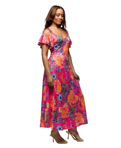 24seven Comfort Apparel Women's Pink Paisley Cold Sholder Ruffle Sleeve A Line Maxi Dress