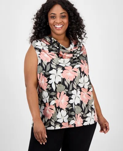 Kasper Plus Size Floral-print Draped-neck Top In Animal Print
