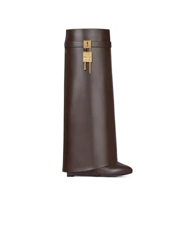 Givenchy Shark Lock Embellished Glossed-leather Knee Boots In Brown