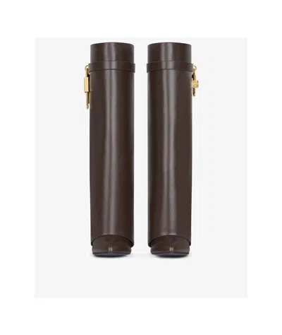 Givenchy Shark Lock Embellished Glossed-leather Knee Boots In Brown