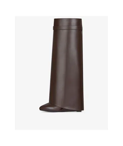 Givenchy Shark Lock Embellished Glossed-leather Knee Boots In Brown