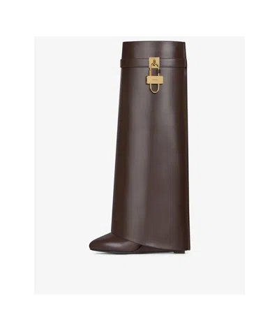 Givenchy Shark Lock Embellished Glossed-leather Knee Boots In Brown